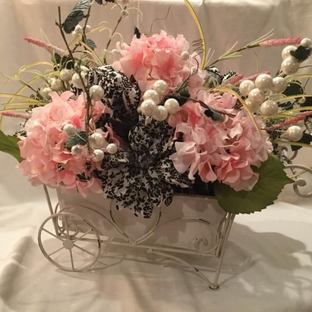 Shabby Chic Paris Theme Pink White Black Damask Flower Arrangement - NEW